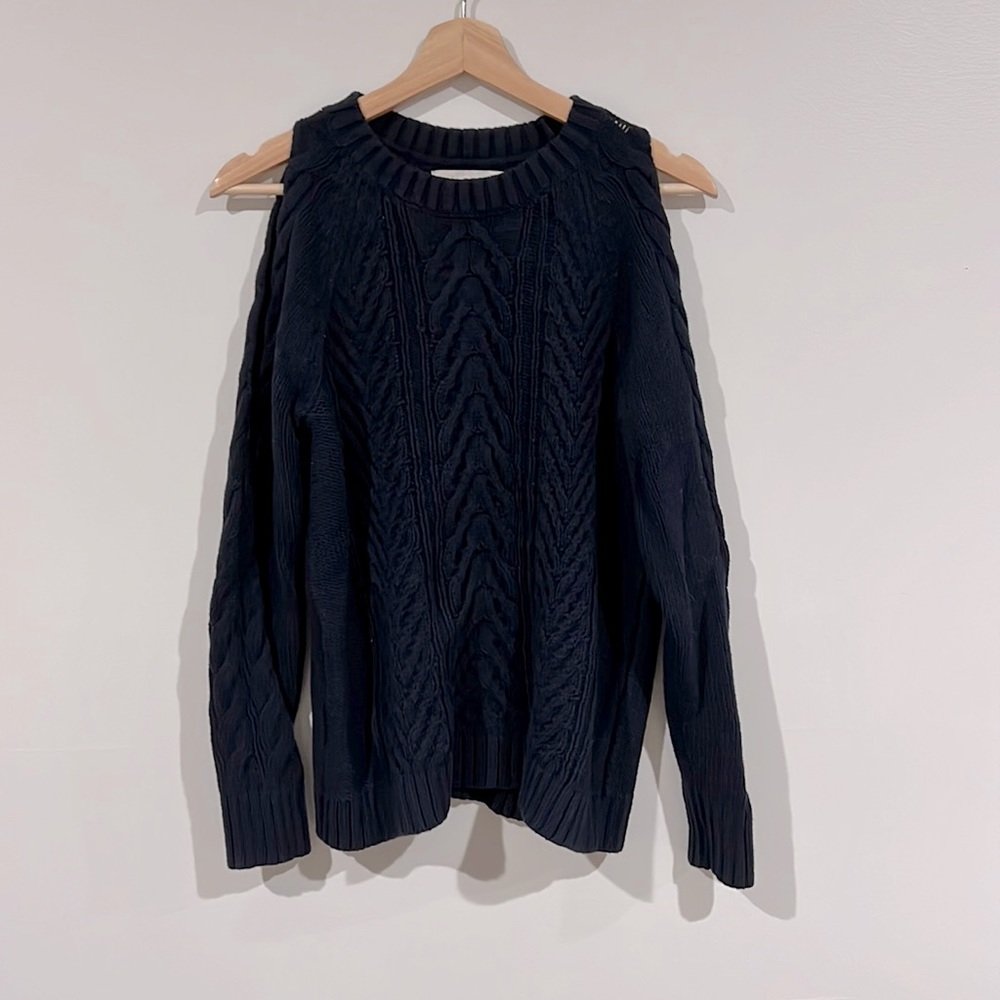 LOFT cold shoulder cable knit navy sweater